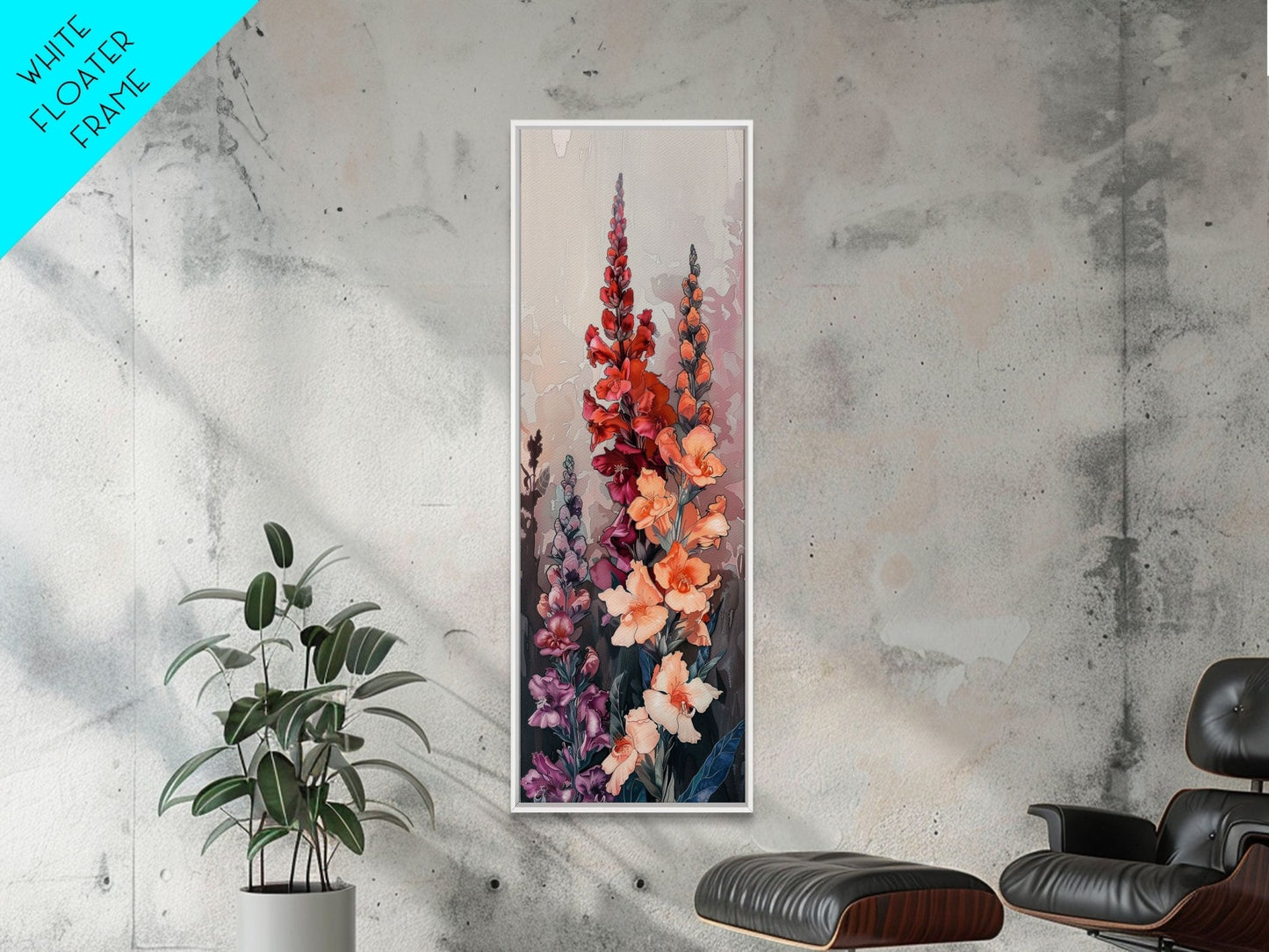 Wood Block Print Featuring Vibrant Gladiolus Flowers In A Dynamic Arrangement, Skinny Art, Tall Art, Japanese Style Art, Ukiyo - e Art, Framed Canvas Print - mosswell.us