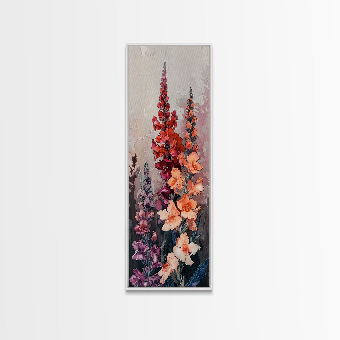 Wood Block Print Featuring Vibrant Gladiolus Flowers In A Dynamic Arrangement, Skinny Art, Tall Art, Japanese Style Art, Ukiyo - e Art, Framed Canvas Print - mosswell.us