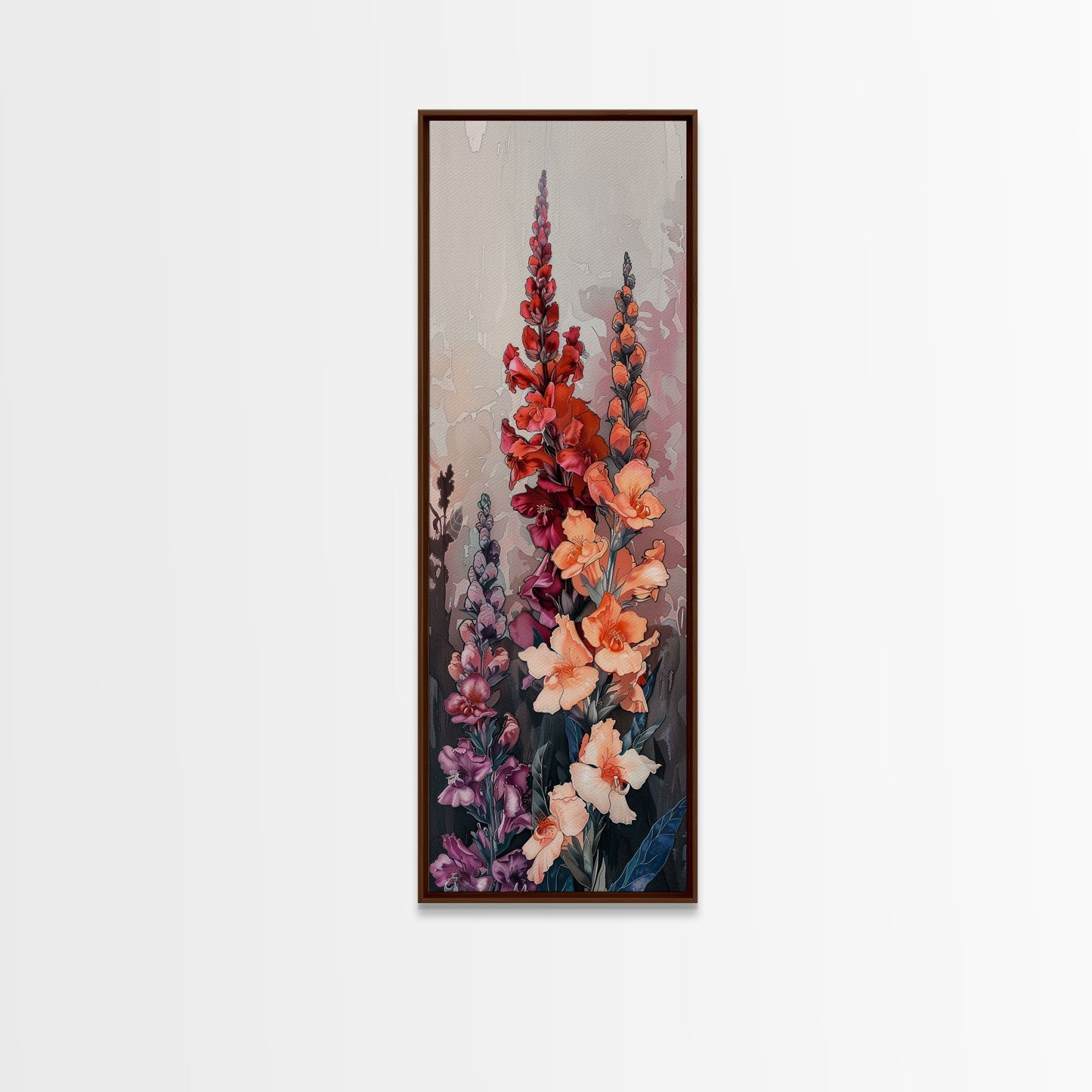 Wood Block Print Featuring Vibrant Gladiolus Flowers In A Dynamic Arrangement, Skinny Art, Tall Art, Japanese Style Art, Ukiyo - e Art, Framed Canvas Print - mosswell.us