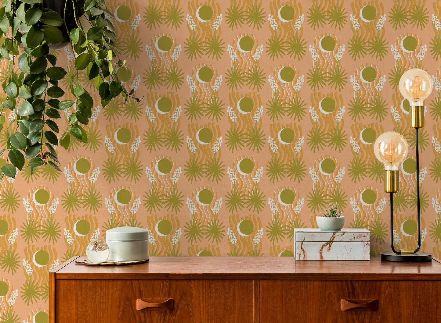 Yucca Moon Wallpaper, peach & green - mosswell.us