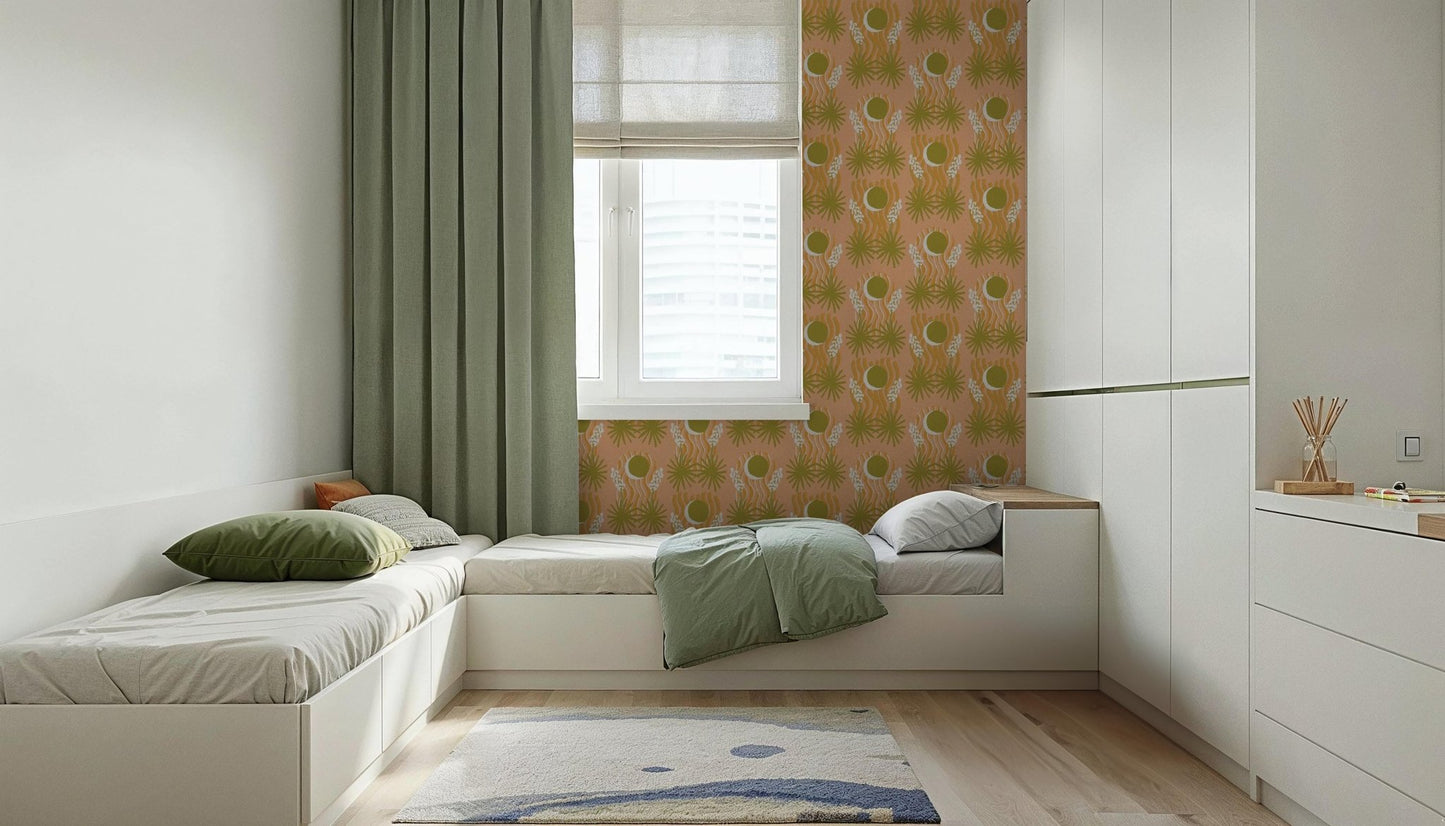 Yucca Moon Wallpaper, peach & green - mosswell.us