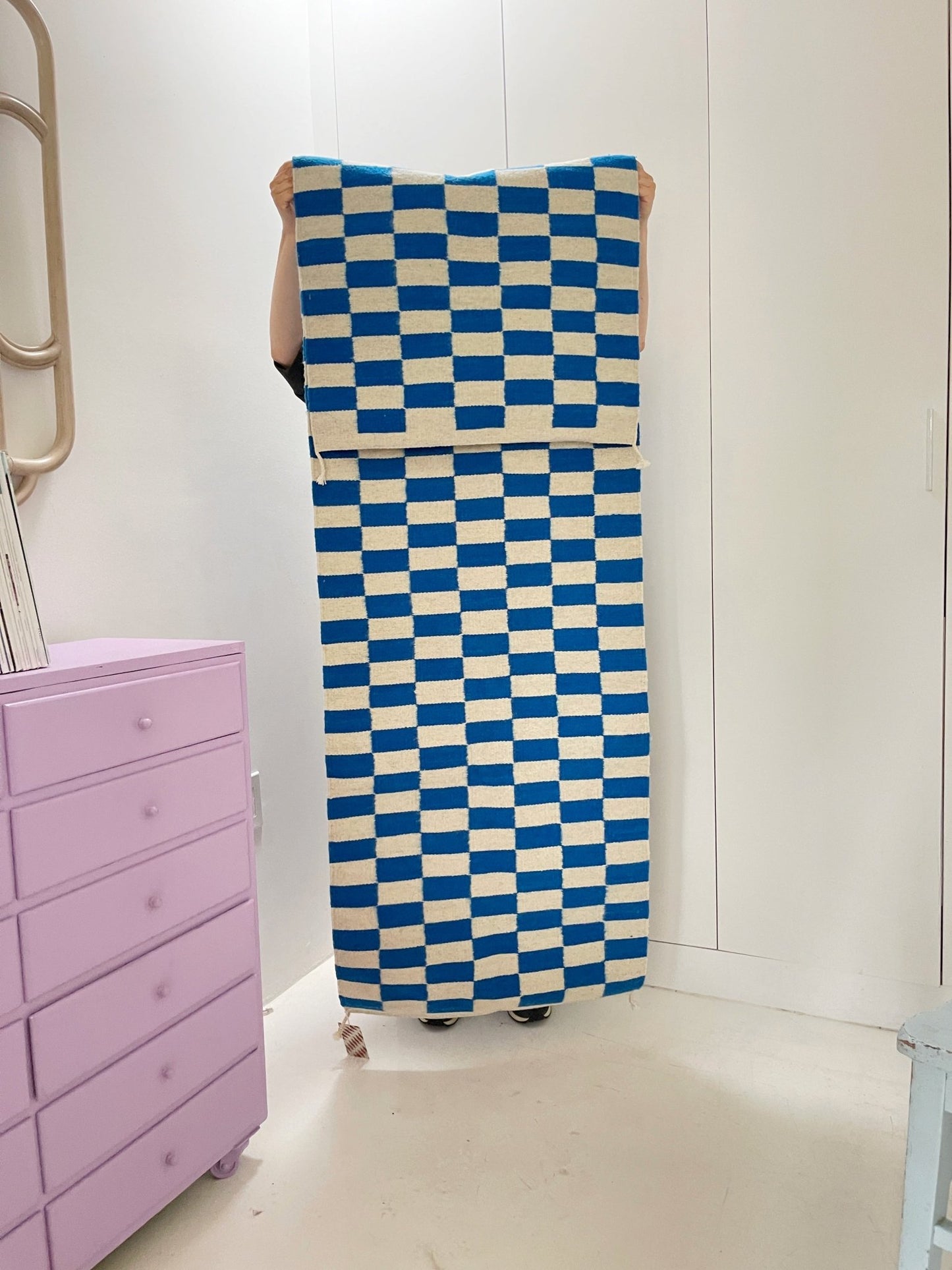 Zapotec Checkered Rug in Blue & Ivory - mosswell.us