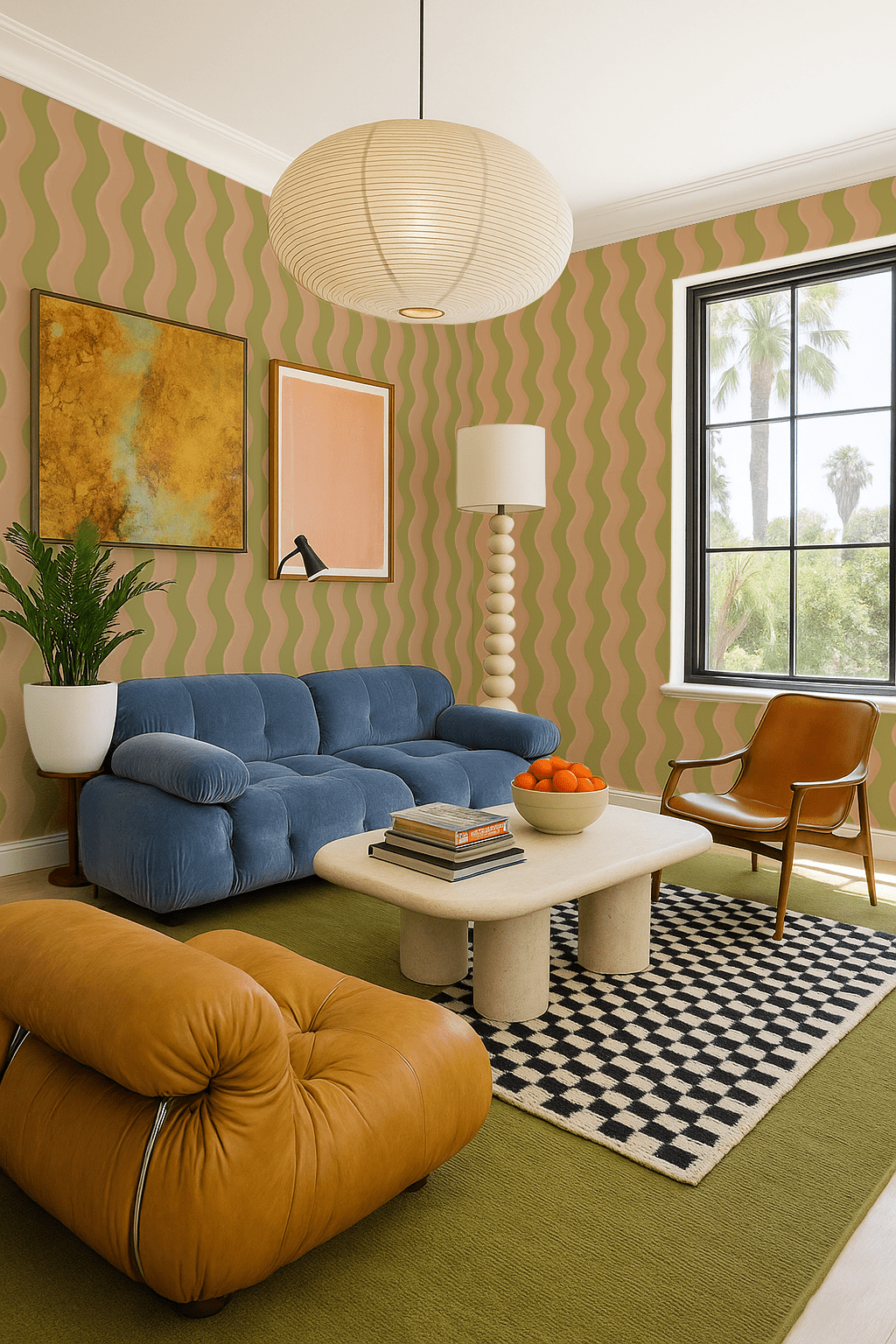 Ziggy Stripe Wallpaper, chartreuse and peach - mosswell.us