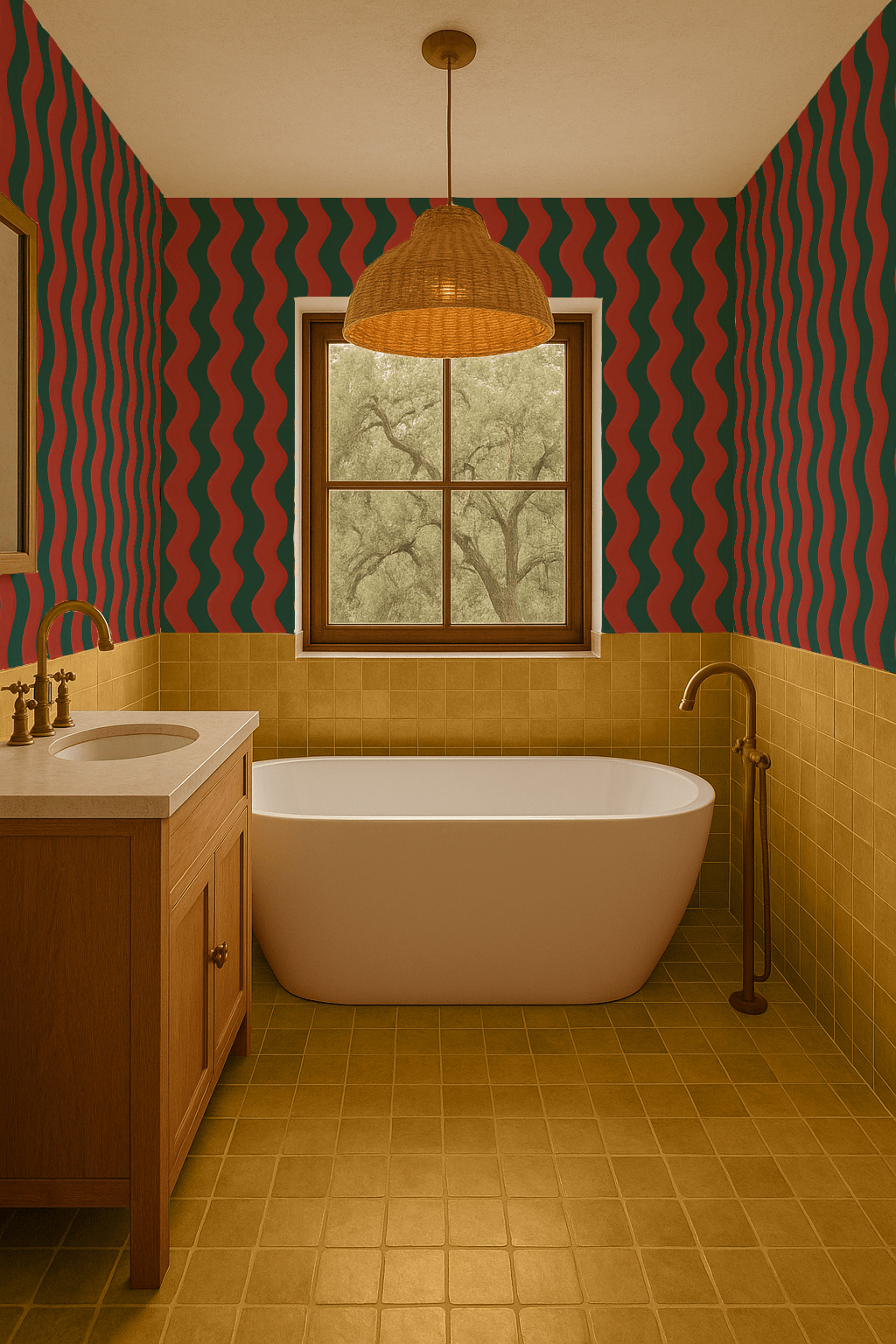 Ziggy Stripe Wallpaper, dark teal and brick red - mosswell.us