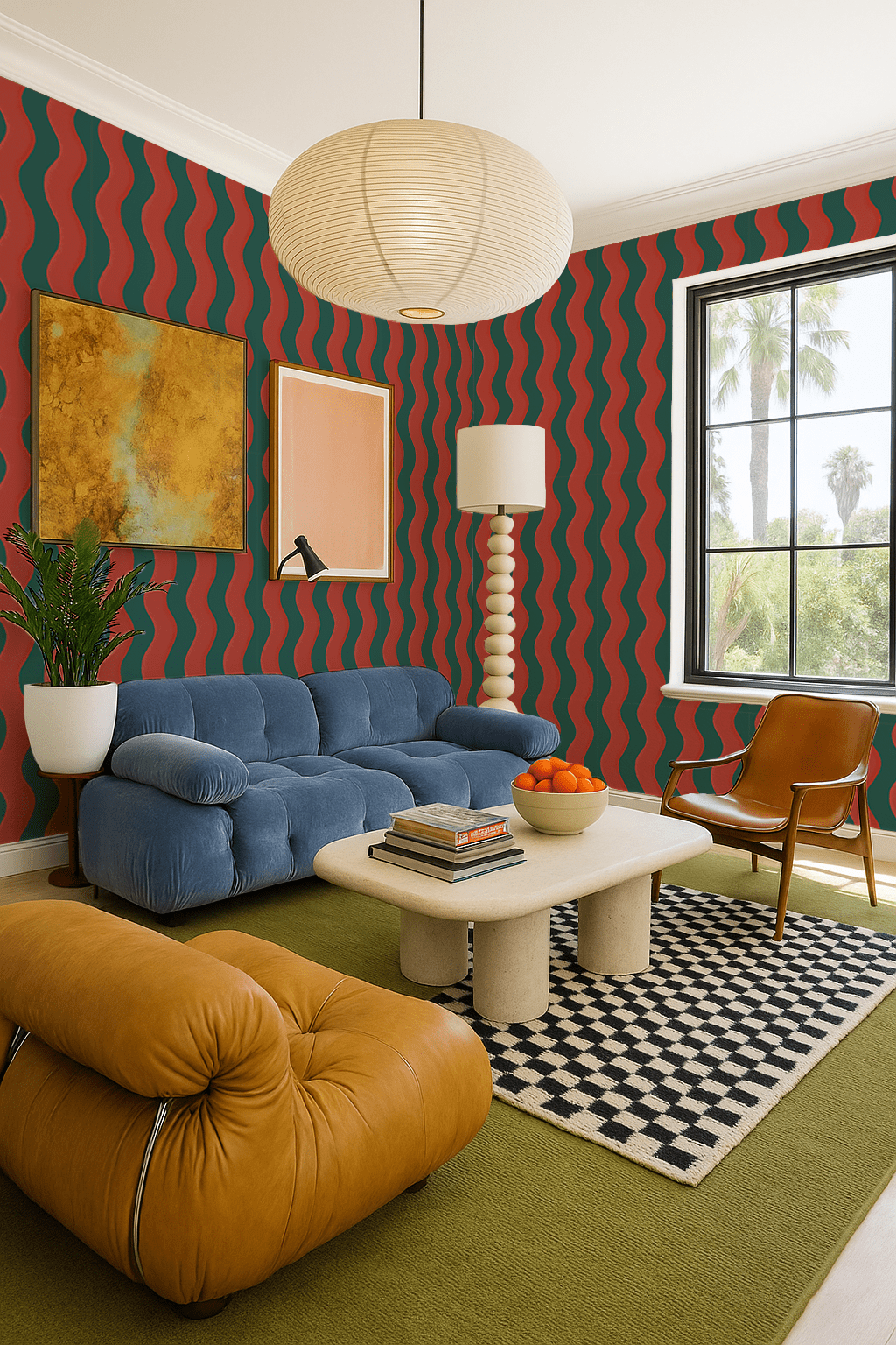 Ziggy Stripe Wallpaper, dark teal and brick red - mosswell.us