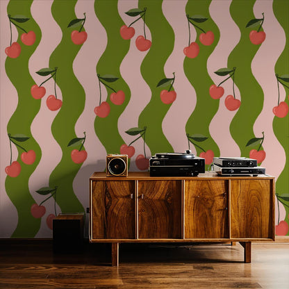 Wavy Cherry Wallpaper, pink & green