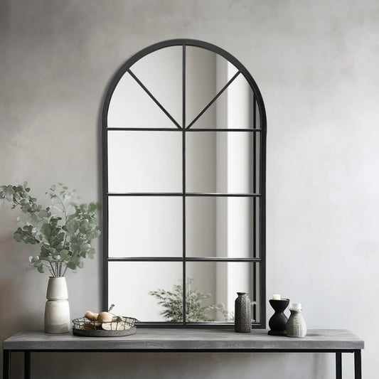 Dewfig Arch Wall Mirror Mounted Decorative 42"x24" Arched Window Frame Decor Wall-Mounted for Bathroom Vanity Living Room or Bedroom Black Decorative Windowpane