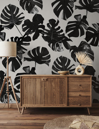 Monstera Leaf Wallpaper, black & off-white