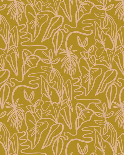 Inked Foliage Wallpaper, mustard and peach