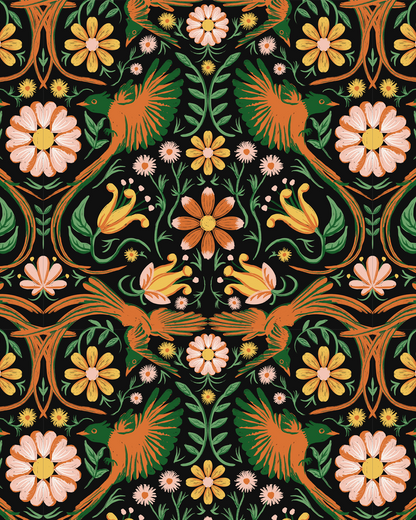 Folkie Birdie Wallpaper, black, orange & green