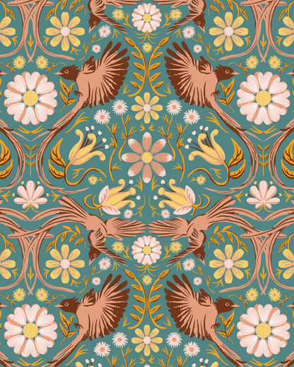 Folkie Birdie Wallpaper, dusty teal, peach & rust
