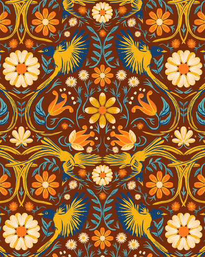 Folkie Birdie Wallpaper, rust, merigold & blue