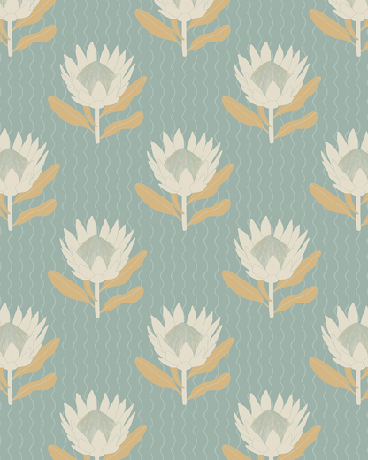 King Protea Wallpaper, light blue and apricot