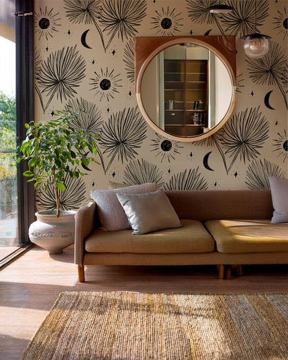 Night Palm Wallpaper, tan and black