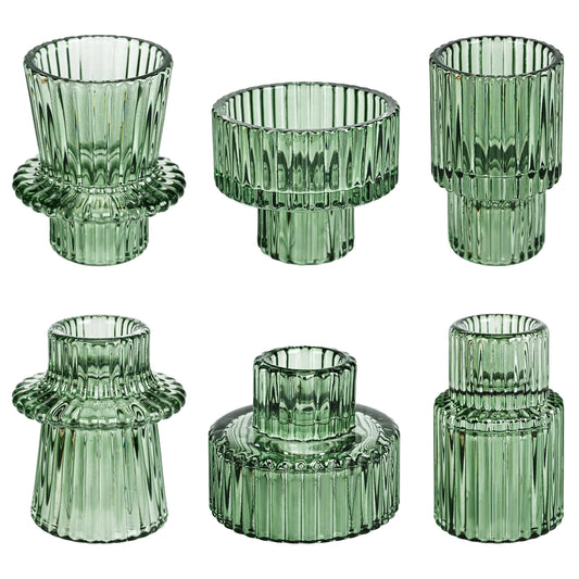 NEOEGOR Taper Votive Candle Holder for Pillar Candles Tealight Candlestick Holder for Wedding Christmas Tea Party Boho Ribbed Vintage Crystal Glass Table Centerpiece Decor Bulk Set of 6 (Green)