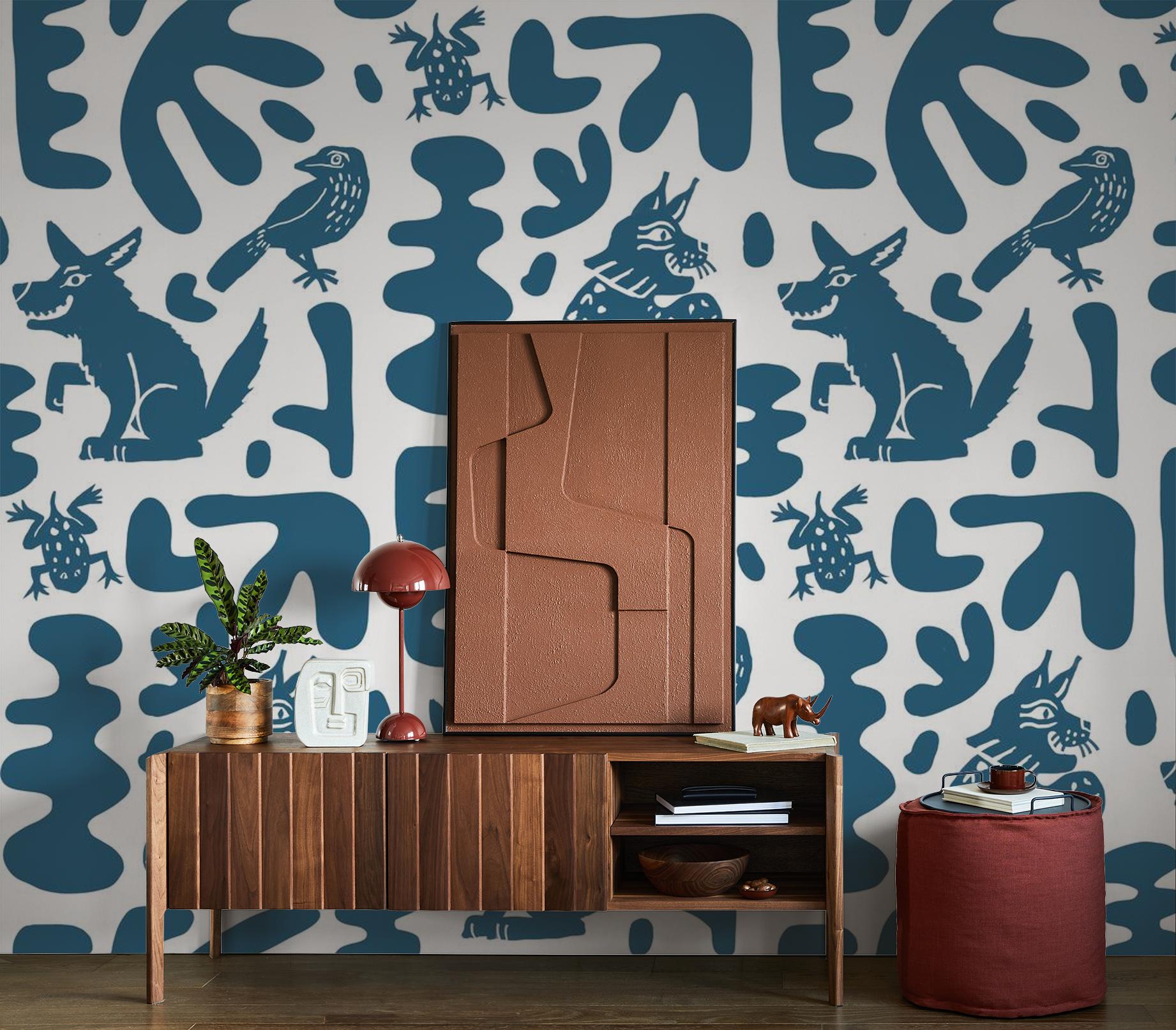 Abstract Animales Wallpaper, white & blue - mosswell.us