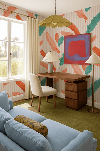 Banana Cabana Wallpaper, coral and teal - mosswell.us