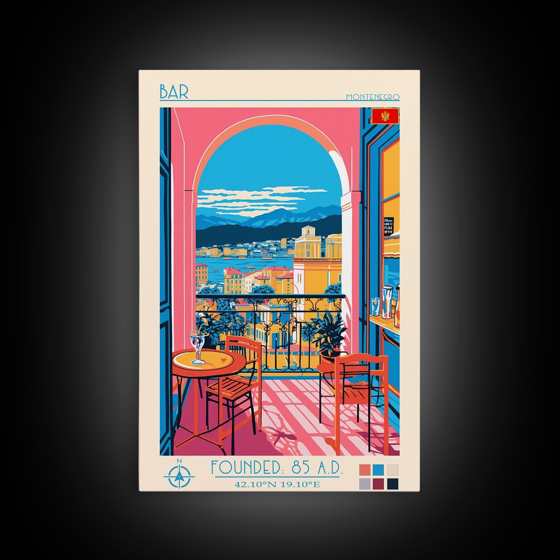 Bar Montenegro Travel Poster Framed Canvas Print, Midcentury Modern Art, Pop Art Wall Decor, Home Decor, Vacation Gift, Living Room Art - mosswell.us