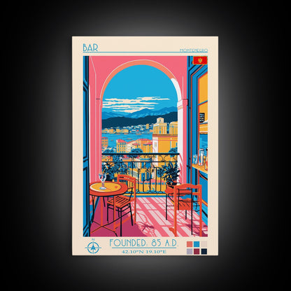 Bar Montenegro Travel Poster Framed Canvas Print, Midcentury Modern Art, Pop Art Wall Decor, Home Decor, Vacation Gift, Living Room Art - mosswell.us