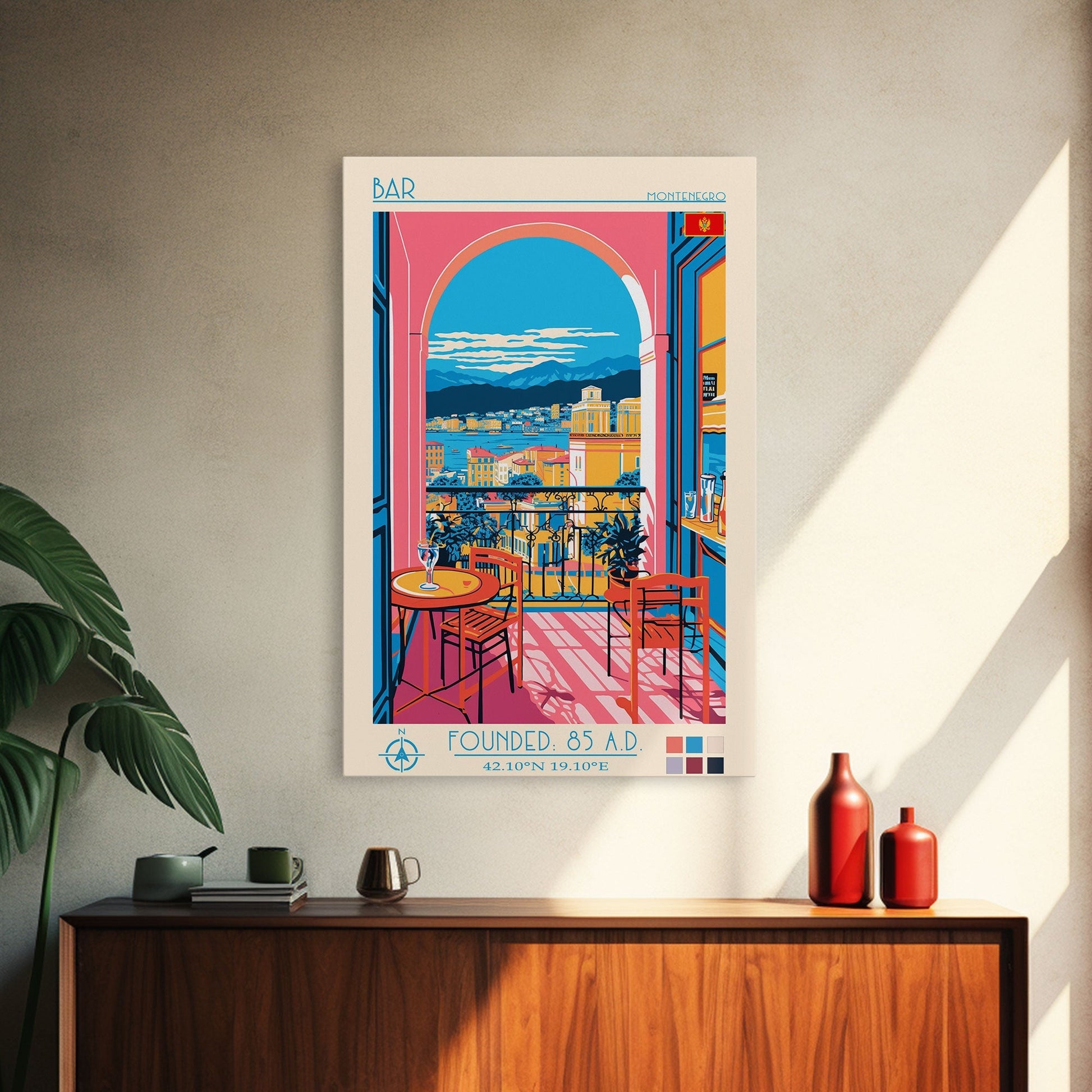 Bar Montenegro Travel Poster Framed Canvas Print, Midcentury Modern Art, Pop Art Wall Decor, Home Decor, Vacation Gift, Living Room Art - mosswell.us