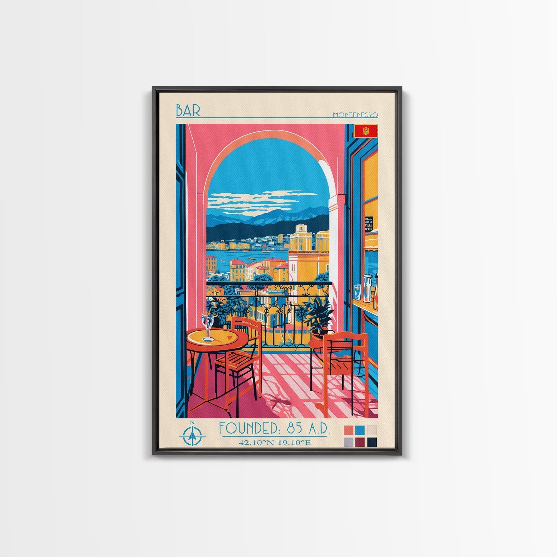 Bar Montenegro Travel Poster Framed Canvas Print, Midcentury Modern Art, Pop Art Wall Decor, Home Decor, Vacation Gift, Living Room Art - mosswell.us