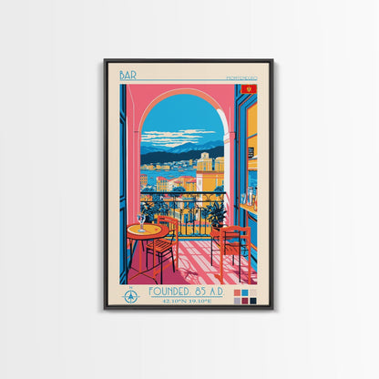 Bar Montenegro Travel Poster Framed Canvas Print, Midcentury Modern Art, Pop Art Wall Decor, Home Decor, Vacation Gift, Living Room Art - mosswell.us