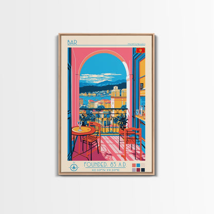 Bar Montenegro Travel Poster Framed Canvas Print, Midcentury Modern Art, Pop Art Wall Decor, Home Decor, Vacation Gift, Living Room Art - mosswell.us