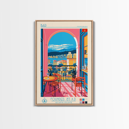 Bar Montenegro Travel Poster Framed Canvas Print, Midcentury Modern Art, Pop Art Wall Decor, Home Decor, Vacation Gift, Living Room Art - mosswell.us