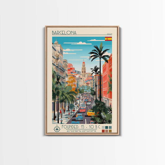 Barcelona Spain Travel Poster Framed Canvas Print, Midcentury Modern Art, Pop Art Wall Decor, Home Decor, Vacation Gift, Living Room Art - mosswell.us