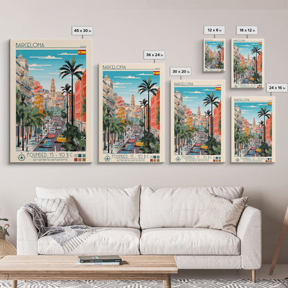 Barcelona Spain Travel Poster Framed Canvas Print, Midcentury Modern Art, Pop Art Wall Decor, Home Decor, Vacation Gift, Living Room Art - mosswell.us