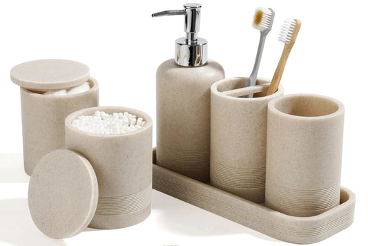 Bathroom Accessories Set 6 - Piece Bathroom Accessory Set Toothbrush Holders Set Soap Dispenser Vanity Tray Tumbler Cotton Swab Jars Bathroom Organizer for Modern Bathrooms(Beige) - mosswell.us