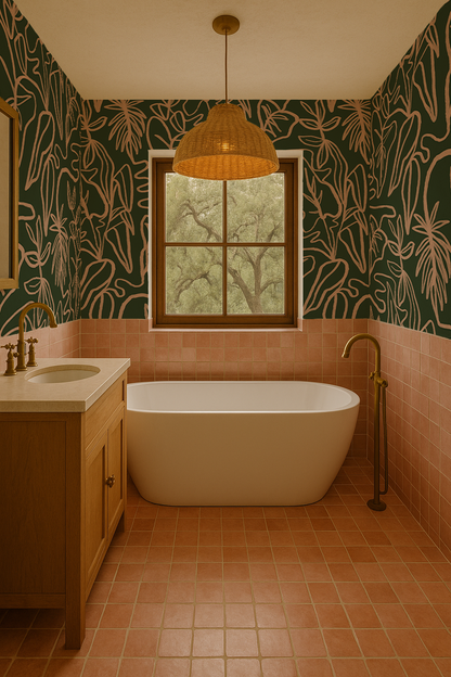 Inked Foliage Wallpaper, green and peach