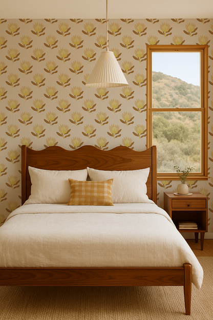 King Protea Wallpaper, neutral and brown mustard