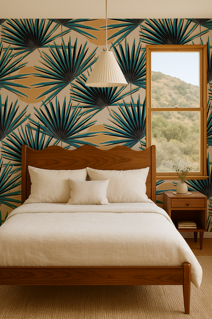 Palm Deco Wallpaper, blue & orange