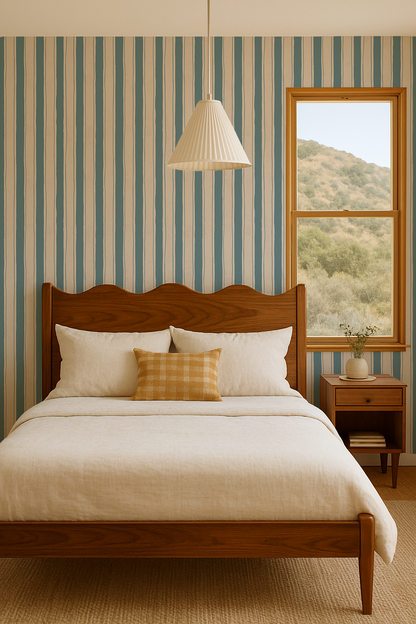 Riviera Stripe Wallpaper, off-white and dusty blue
