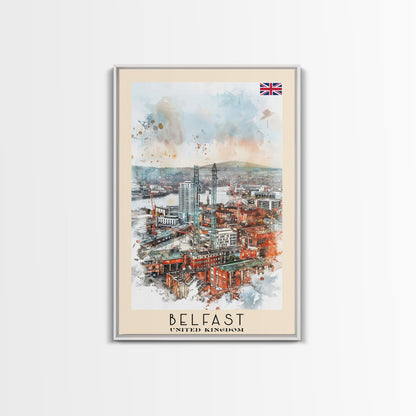 Belfast United Kingdom Travel Poster Framed Canvas Print, Wall Art, Living Room Art, Watercolor Painting, Original Art - mosswell.us