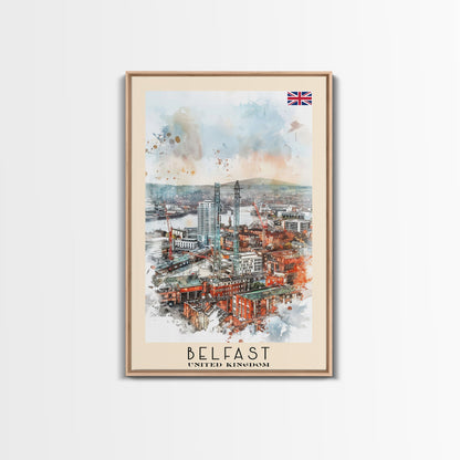 Belfast United Kingdom Travel Poster Framed Canvas Print, Wall Art, Living Room Art, Watercolor Painting, Original Art - mosswell.us