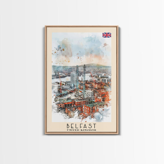 Belfast United Kingdom Travel Poster Framed Canvas Print, Wall Art, Living Room Art, Watercolor Painting, Original Art - mosswell.us