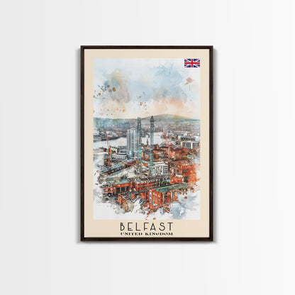 Belfast United Kingdom Travel Poster Framed Canvas Print, Wall Art, Living Room Art, Watercolor Painting, Original Art - mosswell.us