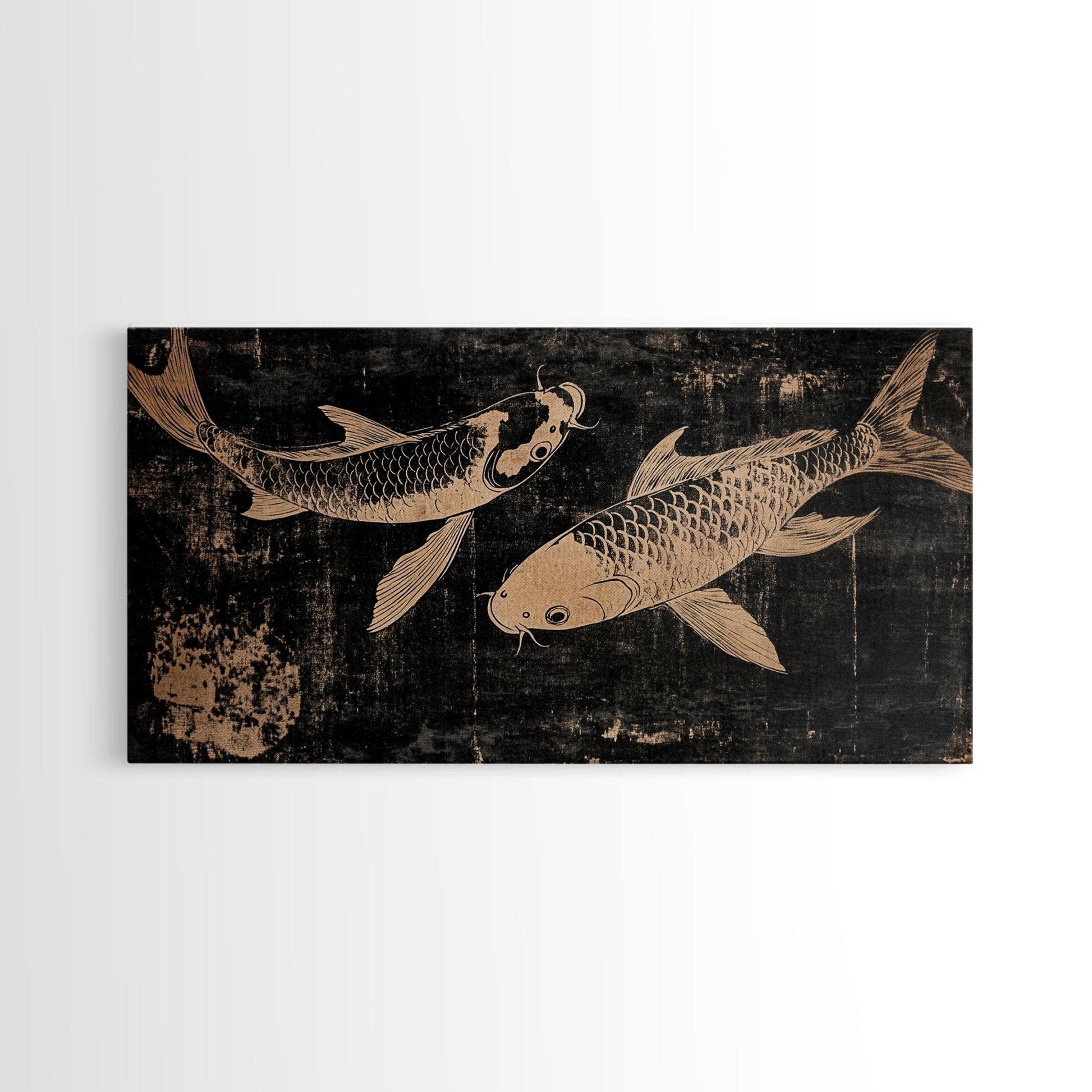 Black and White Koi Fish Oil Painting Print, Elegant Japanese Style Wood Block Print Artwork, Canvas Print Ready To Hang, Centerpiece Art - mosswell.us