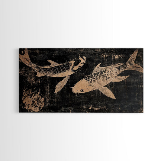 Black and White Koi Fish Oil Painting Print, Elegant Japanese Style Wood Block Print Artwork, Canvas Print Ready To Hang, Centerpiece Art - mosswell.us