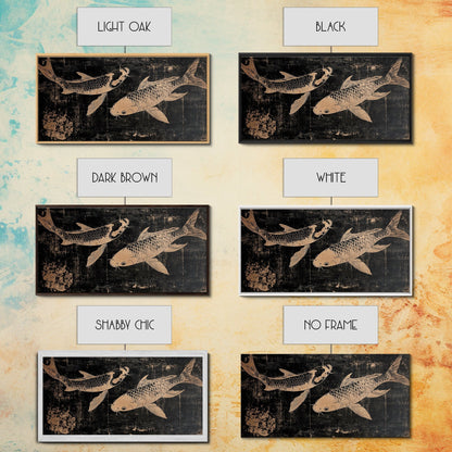 Black and White Koi Fish Oil Painting Print, Elegant Japanese Style Wood Block Print Artwork, Canvas Print Ready To Hang, Centerpiece Art - mosswell.us