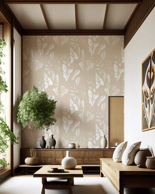 Block Print Foliage Wallpaper, tan and off - white - mosswell.us
