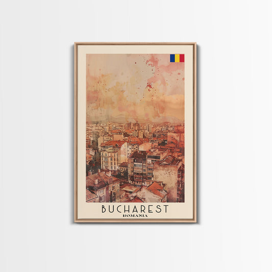 Bucharest Romania Travel Poster Framed Canvas Print, Abstract Cityscape, Boho Wall Art, Home Decor, Living Room Art, Watercolor Painting, Original Art - mosswell.us