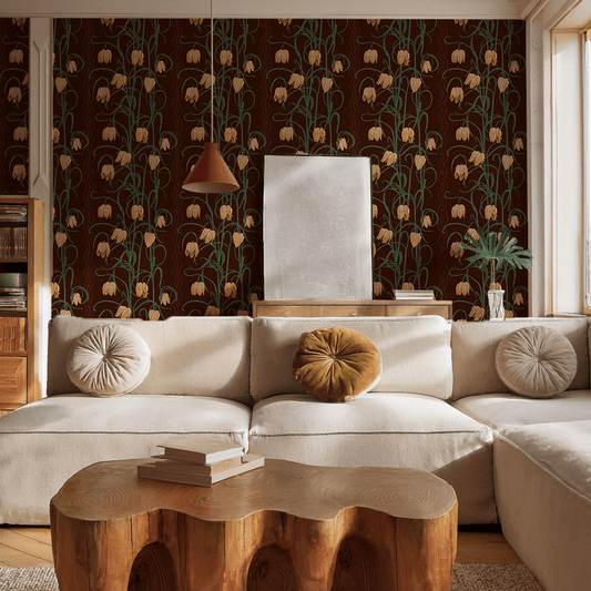 Campanas Wallpaper, chocolate and goldenrod - mosswell.us
