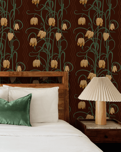 Campanas Wallpaper, chocolate and goldenrod - mosswell.us