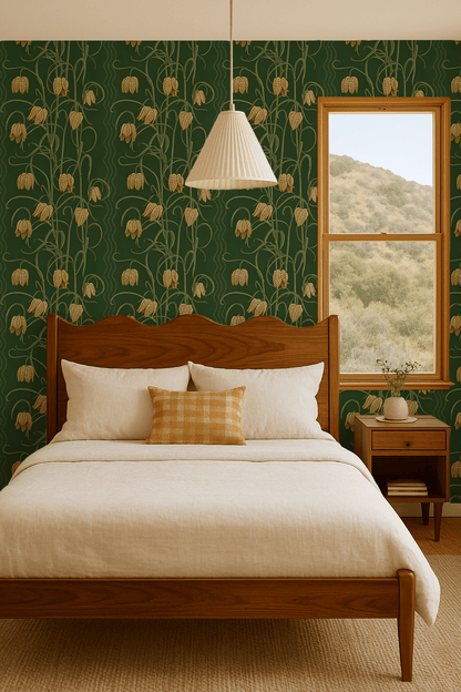 Campanas Wallpaper, dark green and ocher - mosswell.us