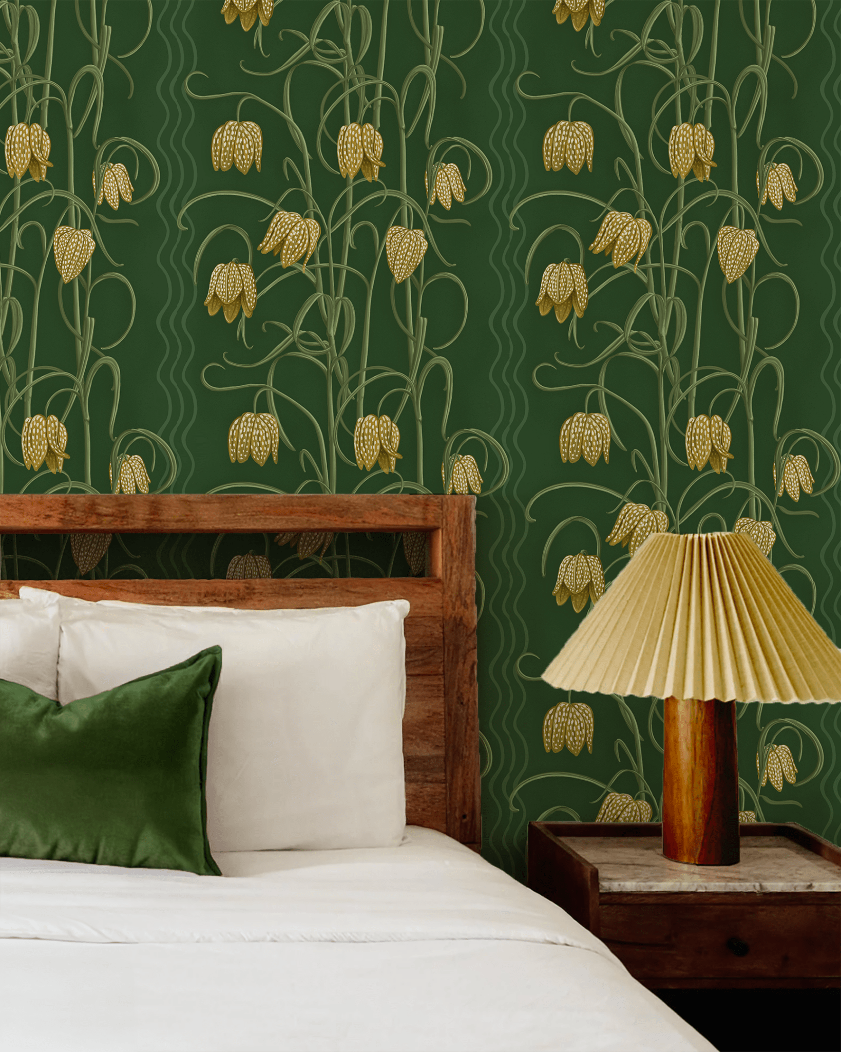 Campanas Wallpaper, dark green and ocher - mosswell.us