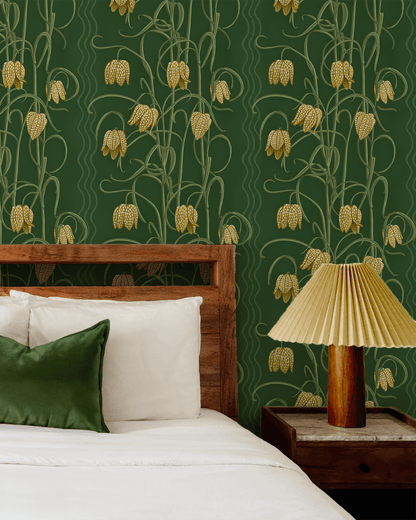 Campanas Wallpaper, dark green and ocher - mosswell.us
