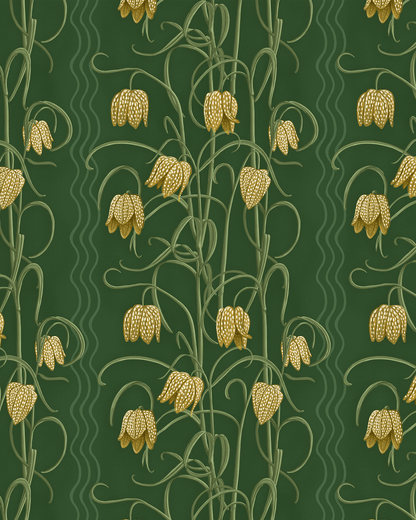 Campanas Wallpaper, dark green and ocher - mosswell.us